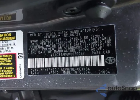 2021 Toyota Camry Le Hybrid z USA, uszkodzony, nr VIN 4T1C31AK6MU030057